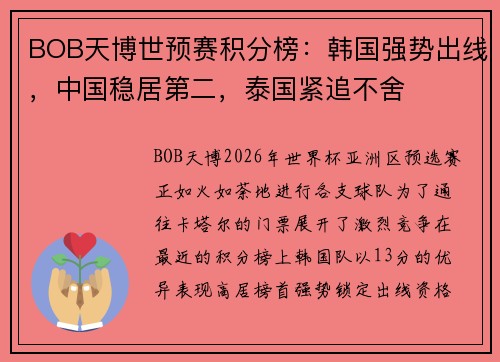 BOB天博世预赛积分榜：韩国强势出线，中国稳居第二，泰国紧追不舍