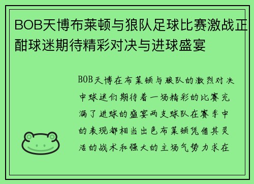 BOB天博布莱顿与狼队足球比赛激战正酣球迷期待精彩对决与进球盛宴