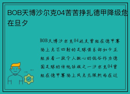 BOB天博沙尔克04苦苦挣扎德甲降级危在旦夕